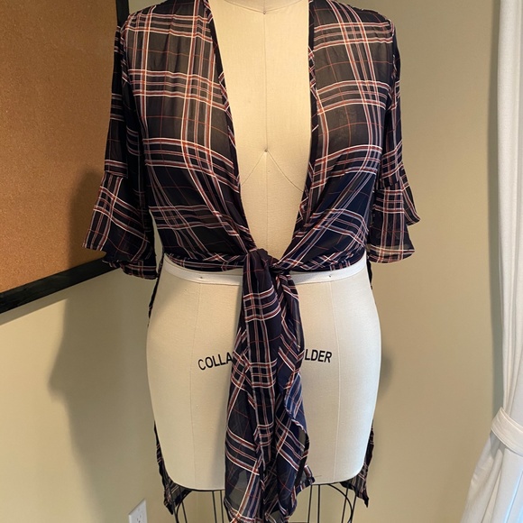 Flare Sleeve Kimono-Navy, Red & White - Picture 3 of 4